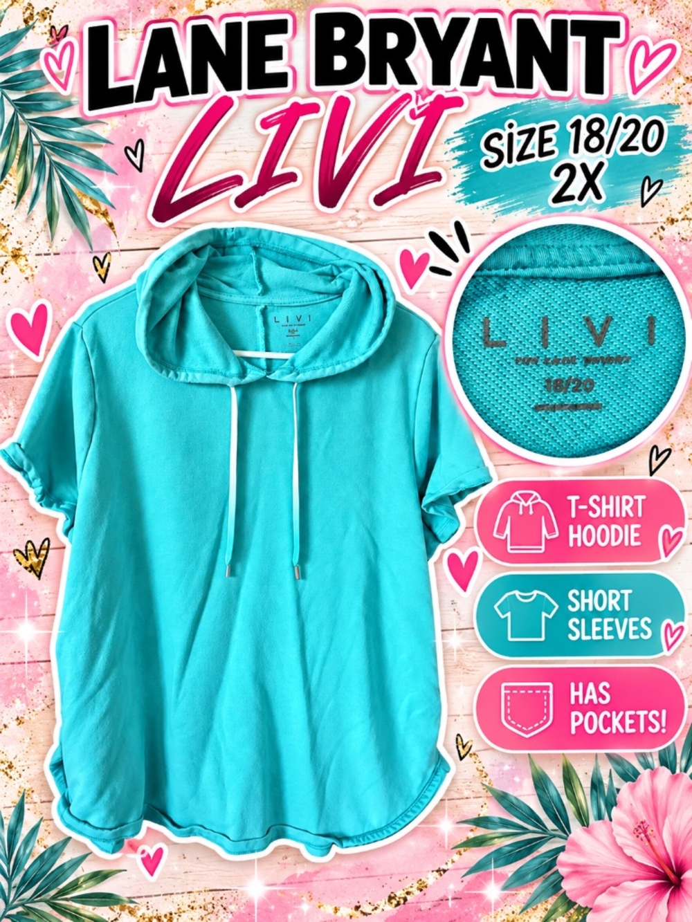 Lane Bryant LIVI Aqua Short-Sleeve T-Shirt Hoodie with Pockets – Size 18/20 2x